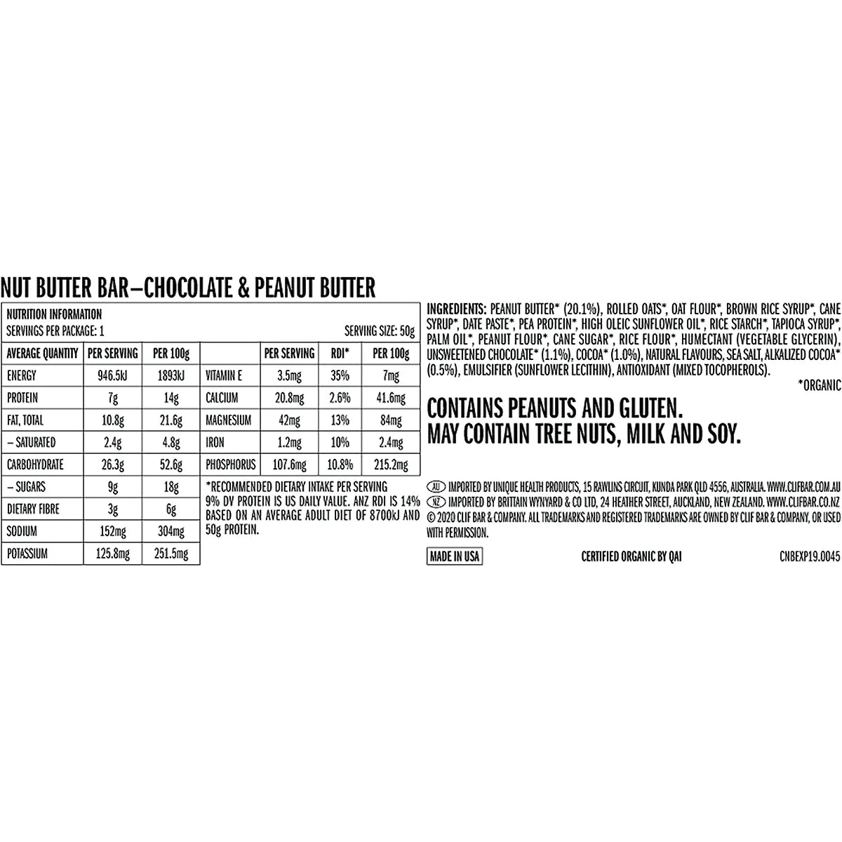 CLIF Nut Butter Bar Chocolate & Peanut Butter 50g 12PK