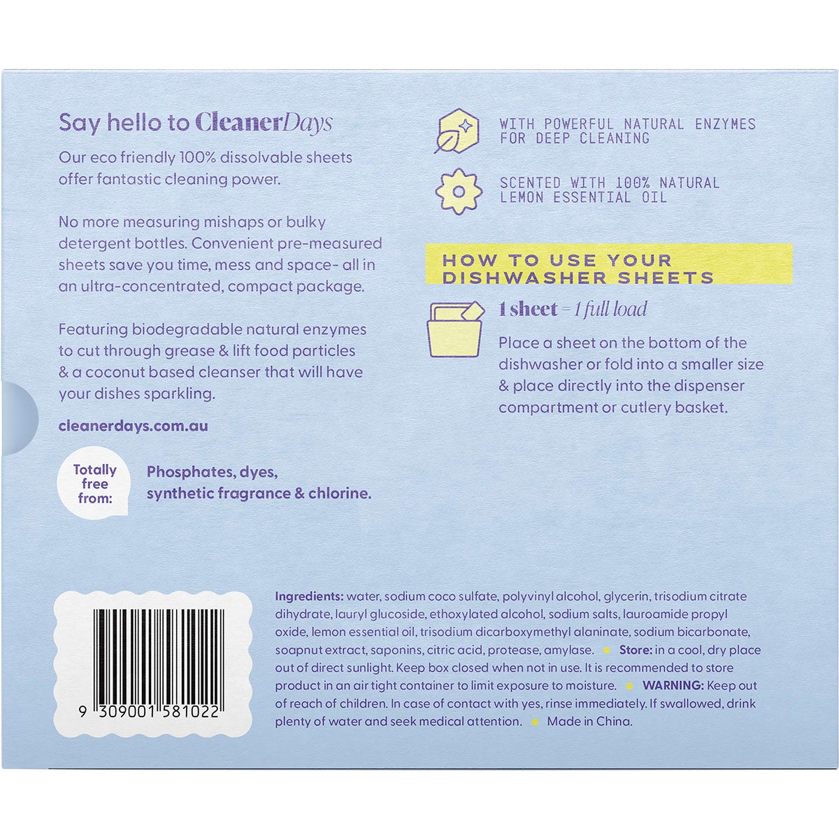 CLEANER DAYS Dishwasher Detergent Sheets Lemon 60pcs