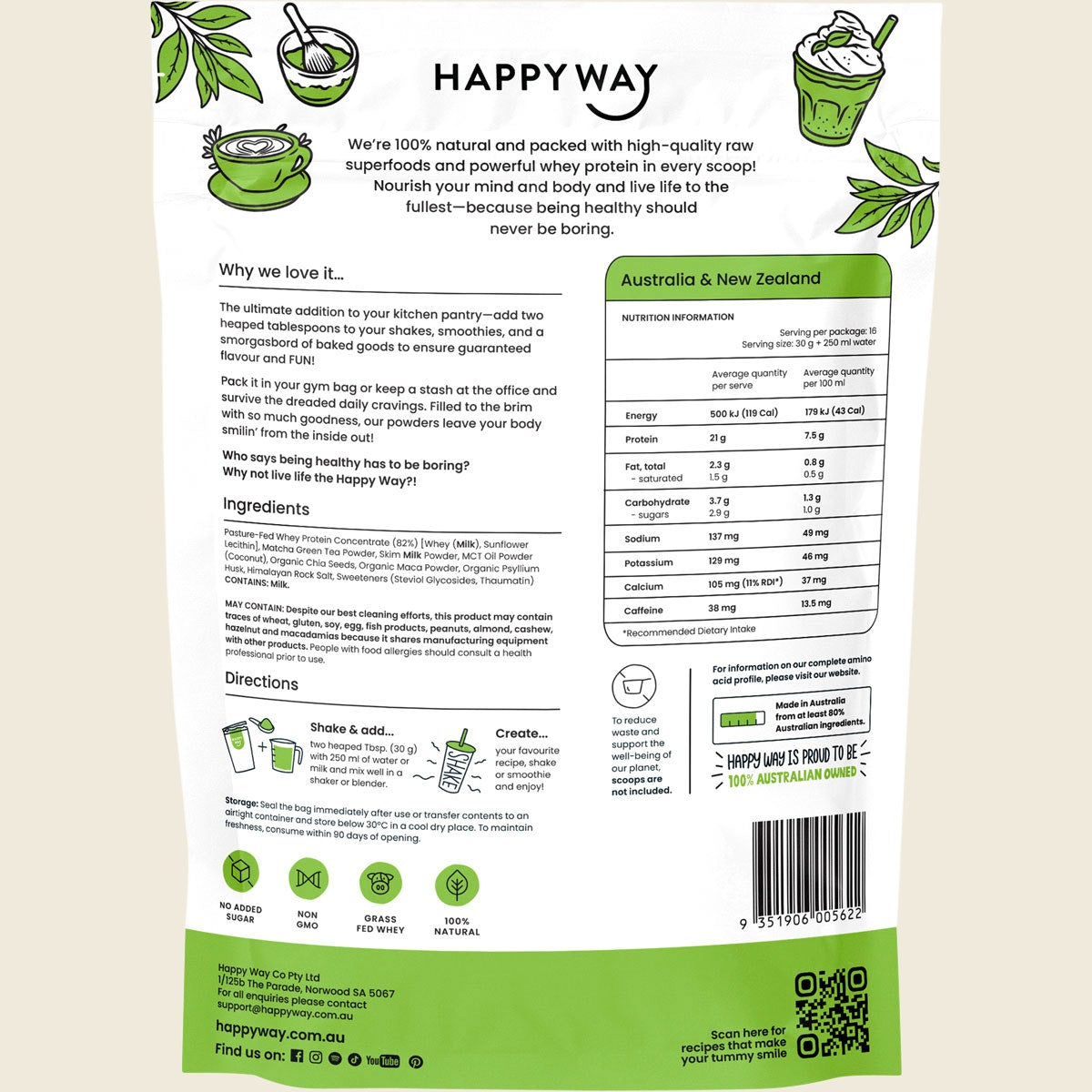 Happy Way Whey Protein Powder Matcha Latte 500g