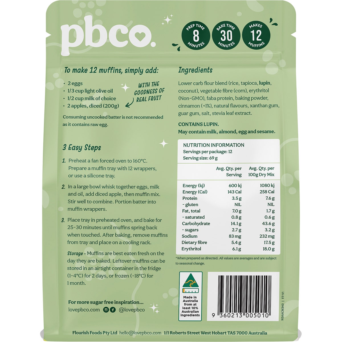 PBCO Apple Cinnamon Muffin Mix No Sugar Added 340g
