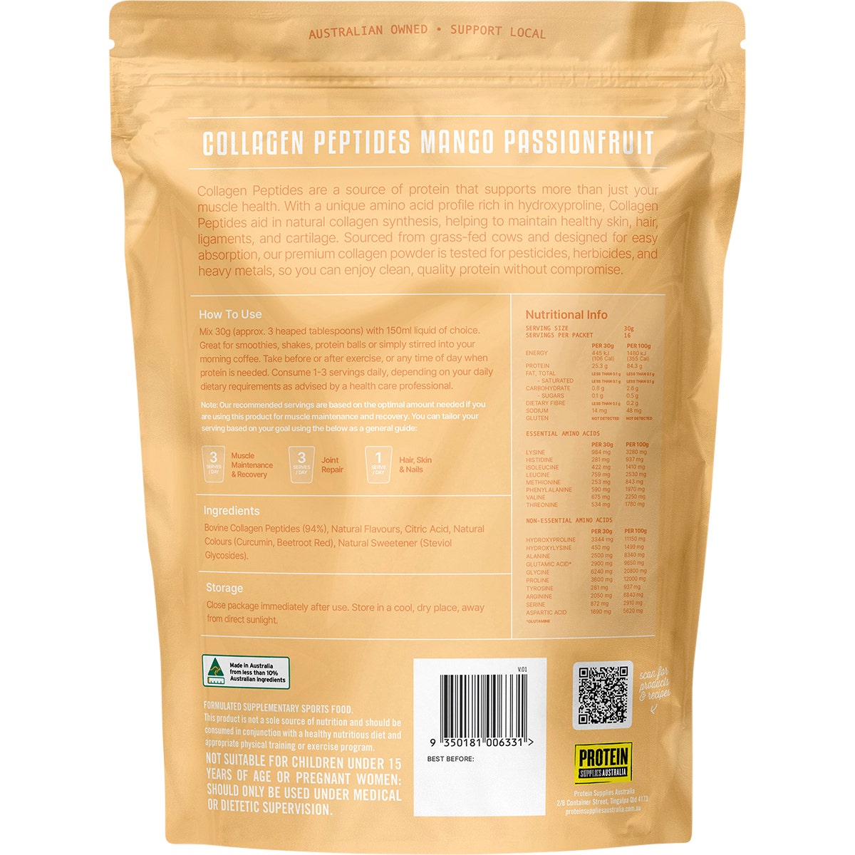 Protein Supplies Australia Grass Fed Collagen Mango Passionfruit 500g