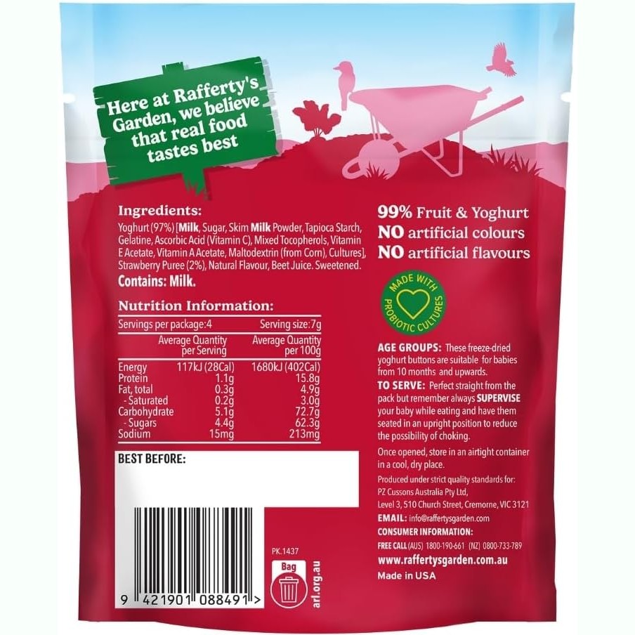 Raffertys Garden 10+ Months Strawberry Yoghurt Buttons Baby 28g Pack of 8