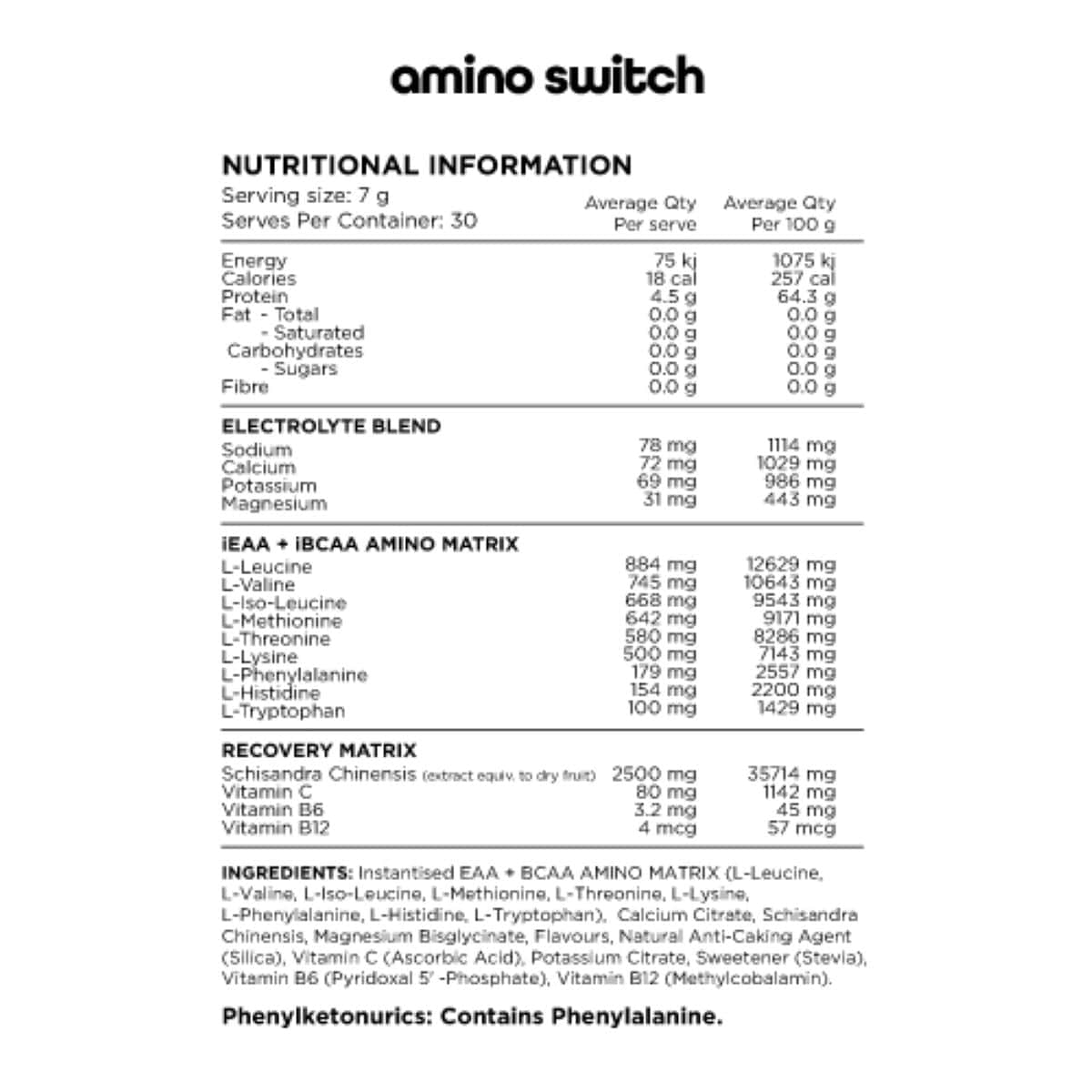 SWITCH NUTRITION Amino EAA & BCAA Electrolyte Recovery Lemonade 210g