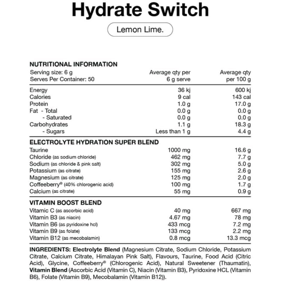 Switch Nutrition Hydrate Everyday Sugar Free Electrolytes Lemon Lime 300g