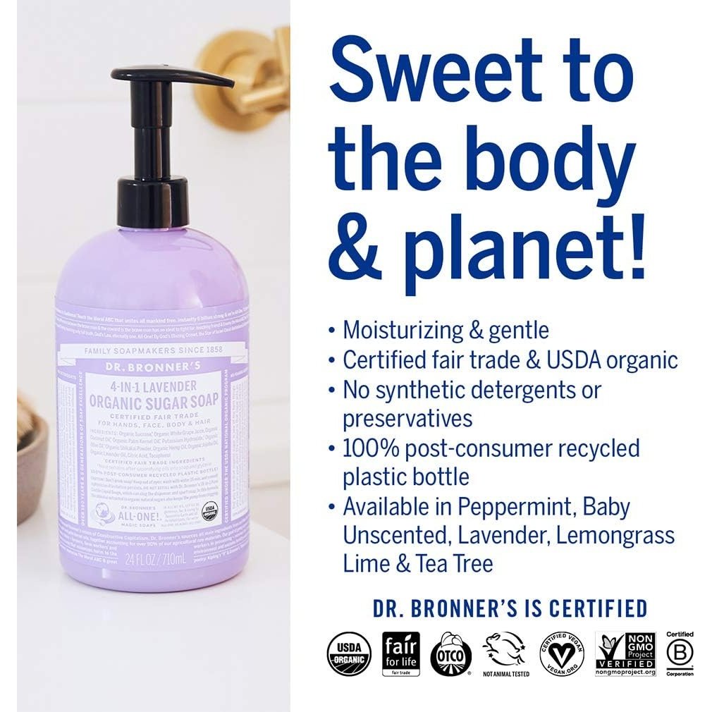Dr. Bronner's Organic Sugar Soap 4-in-1 Lavender (pump) 710ml