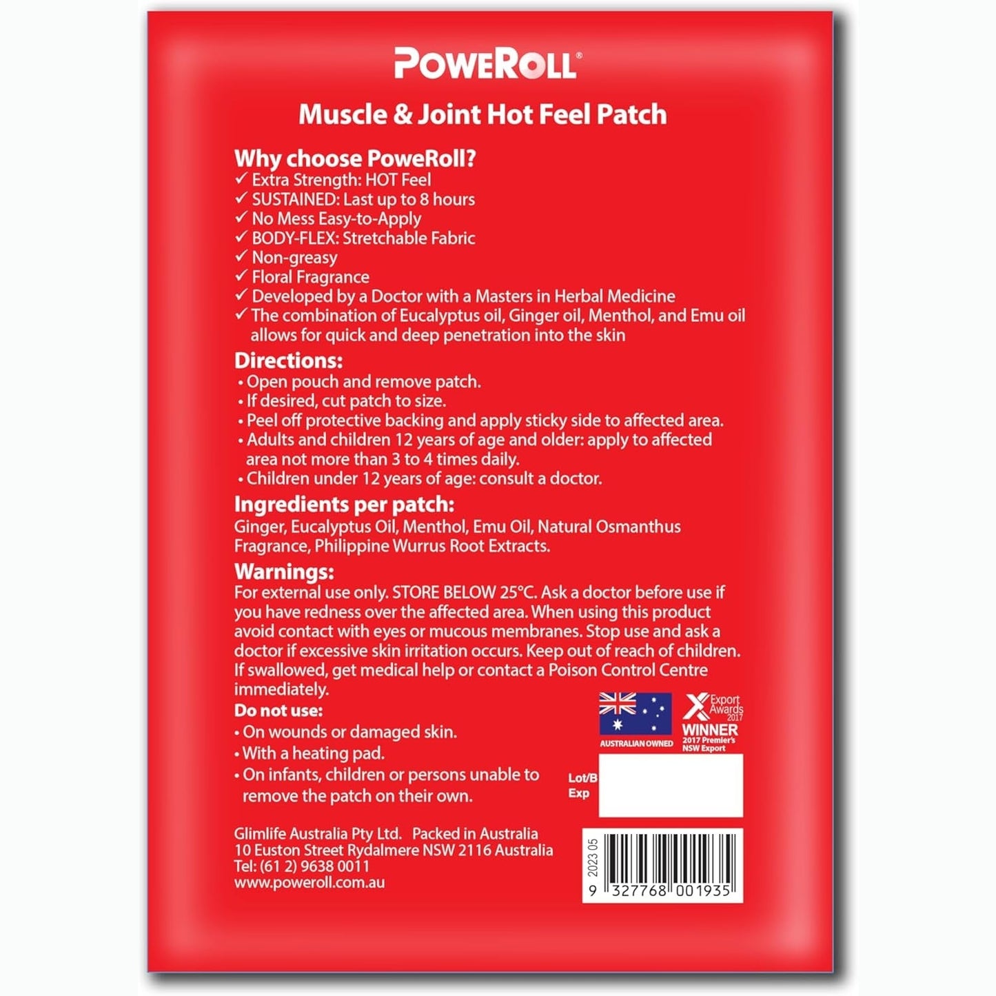 PoweRoll Muscle & Joint Hot Feel Patch x 3 Pack