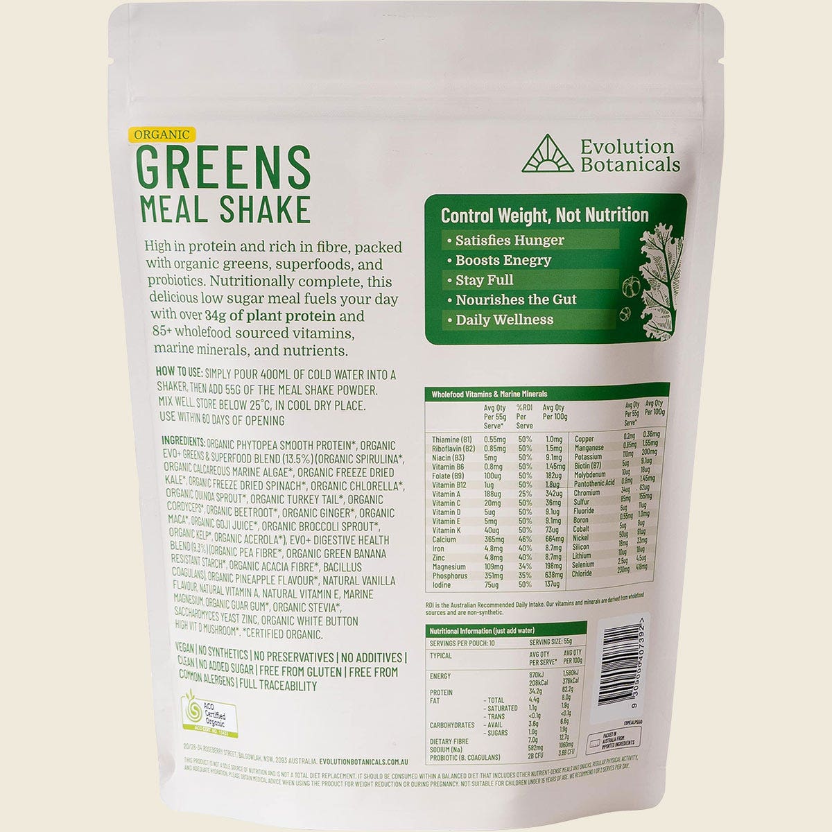 Evolution Botanicals Organic Greens Meal Shake Smooth Pineapple 550g
