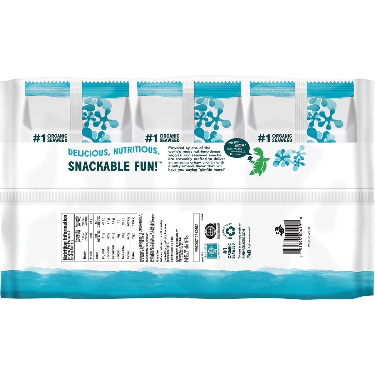 GIMME Roasted Seaweed Snacks Sea Salt - 6 Pack 6x5g