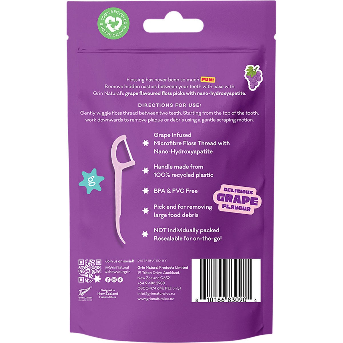 Grin Ultra Smooth Floss Picks Grape Flavoured 80pk