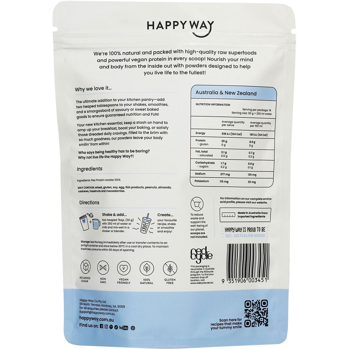HAPPY WAY Vegan Protein Powder Flavourless 500g