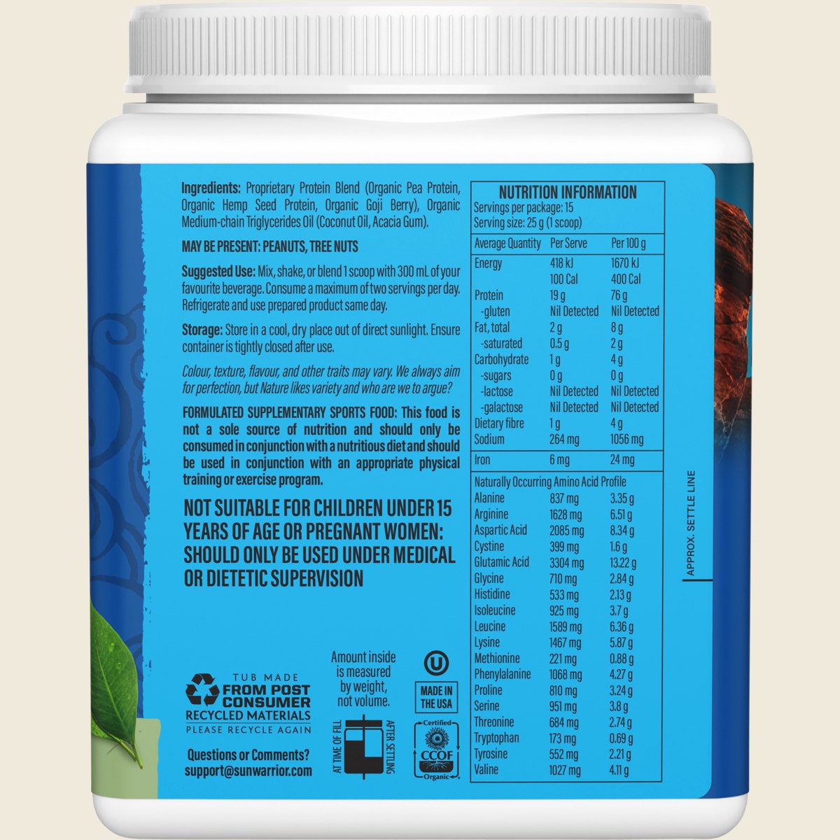 Sunwarrior Protein Powder Warrior Blend Unflavoured 375g