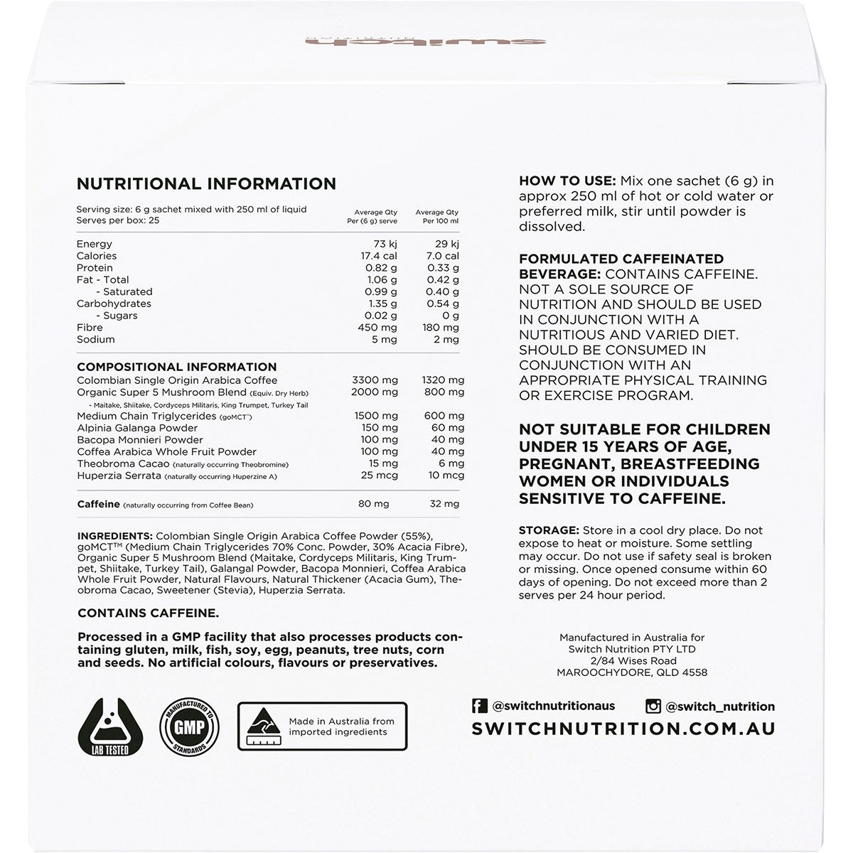 SWITCH NUTRITION Coffee Mental Focus Elixir Espresso Sweetened 25pk