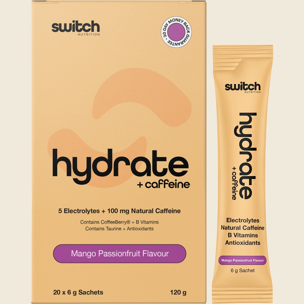 Switch Nutrition Hydrate + Caffeine Sachets Mango Passionfruit 20x6g